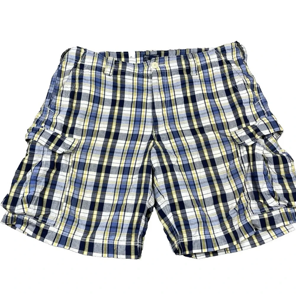 VTG Polo Jeans Company Ralph Lauren Blue Plaid Cargo Shorts 40x11